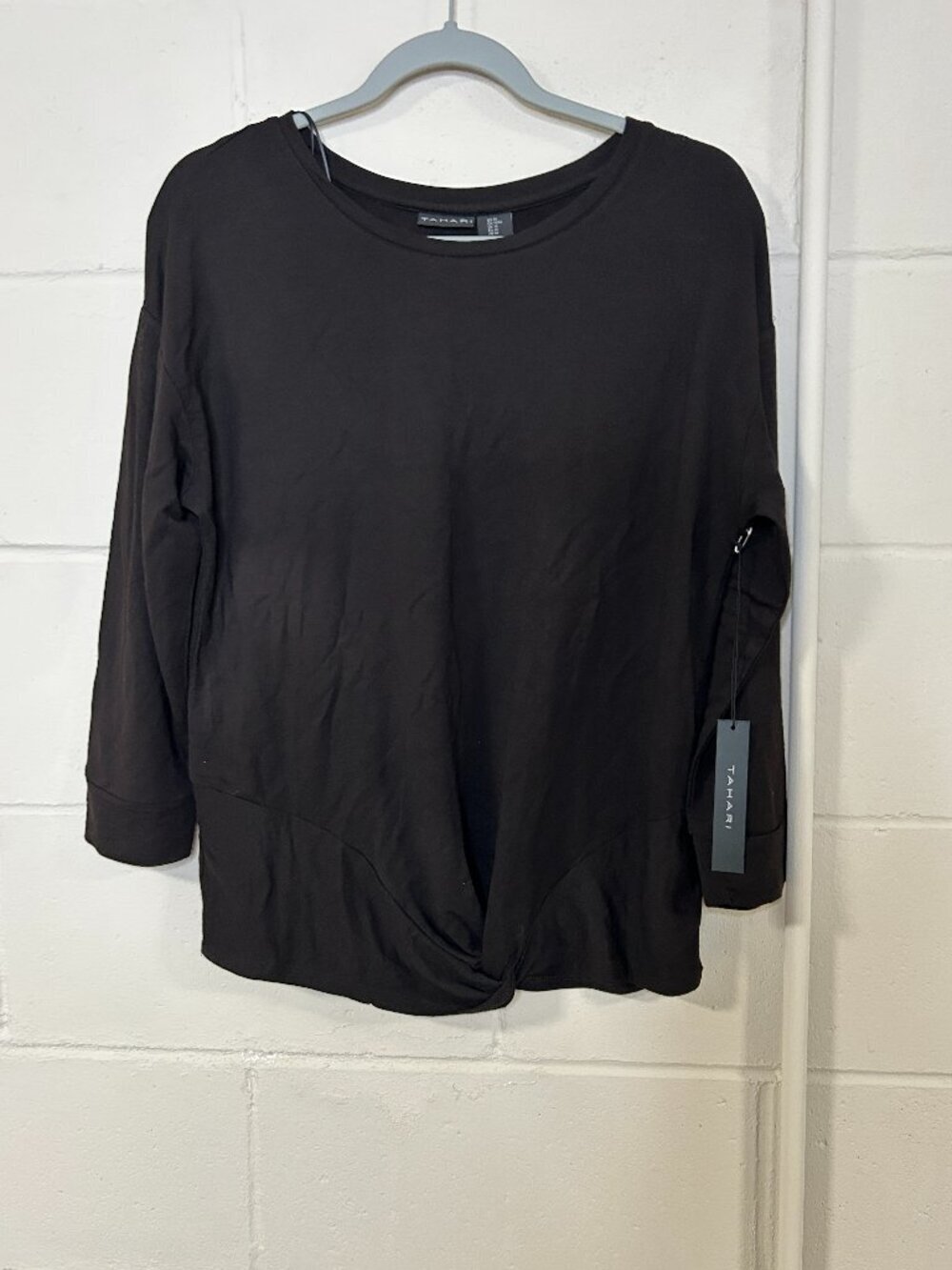 Tahari Shirt Womens Medium Knotted Cross Front Long Sleeve Black New Stretch